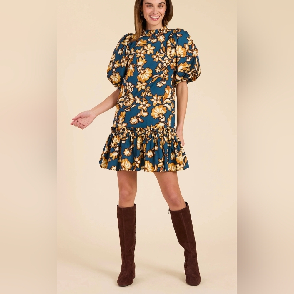 Tyler Boe Women's Small Sammy Grand Floral Dress Navy 100% Cotton With Pockets - Picture 2 of 10